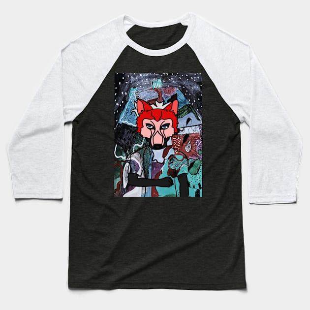 Mysterious Male Character with Animal Mask in a Blue-themed Night Baseball T-Shirt by Hashed Art